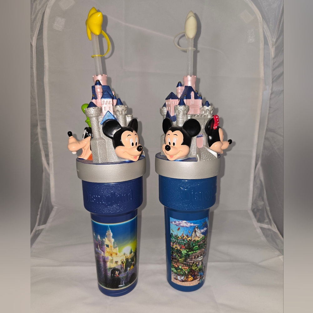 Pair of Rare 3D Vintage Disneyland Castle Topper Drinking Cups